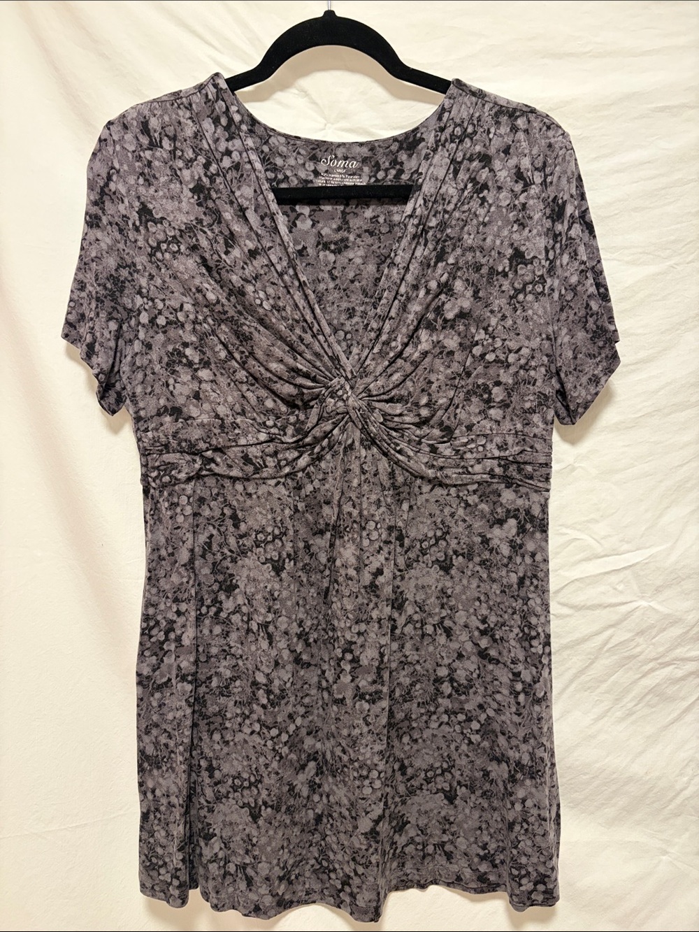 GUC Soma Gray & Black Print Knot-Front Short Sleeve Tunic - Large